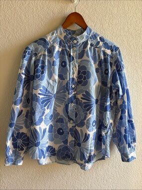 Zara Cotton Oversized Lightweight Blouse Long Sleeve Blue and White Floral Small